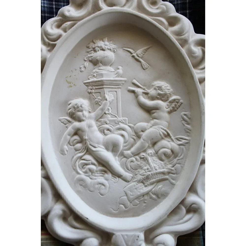 Vintage 1972 Cherubs Angels plaster wall decor Victorian birds relief medallion